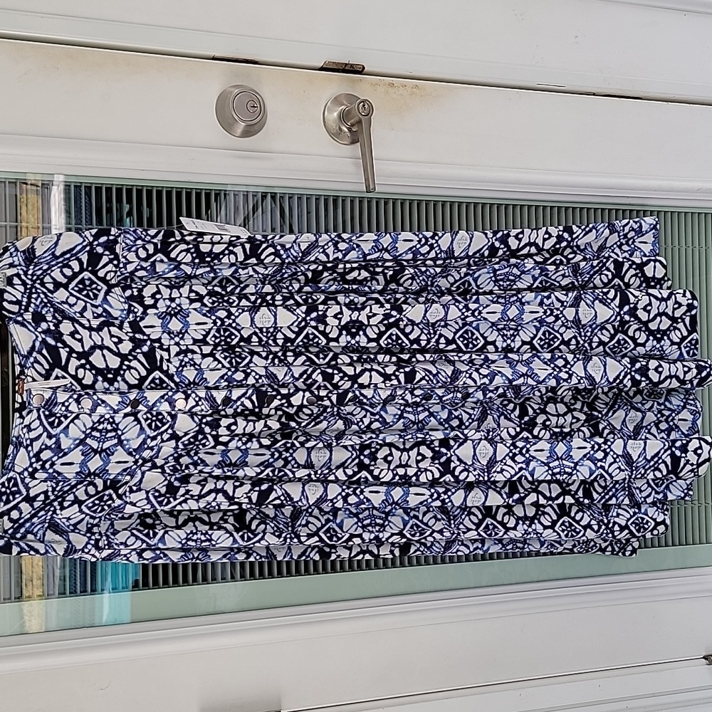Free People Blue Patterned Midi Skirt Snap Button With Pleating Sz 8
